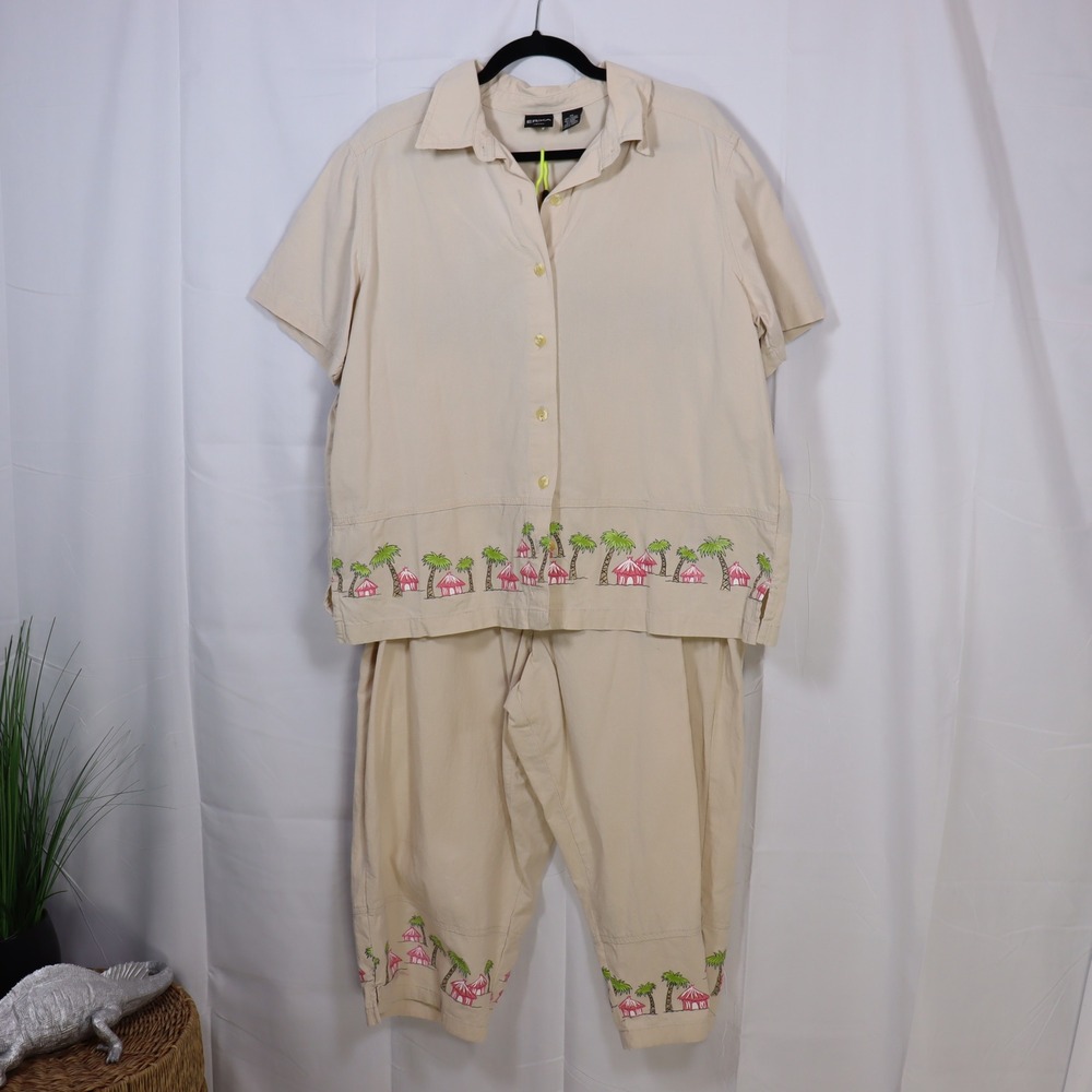 Erika Pant Set 1X/2X Beige Womens Palm Tree Embroidered Tropical